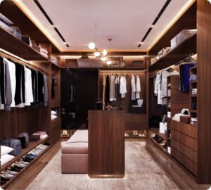 Walking closet de lujo con estanterías de madera fina, iluminación led ambiental, espejos de gran tamaño y un diseño espacioso y moderno. Este armario elegante ofrece amplios espacios de almacenamiento para ropa, zapatos y accesorios, ideal para quienes buscan exclusividad y comodidad en su hogar.